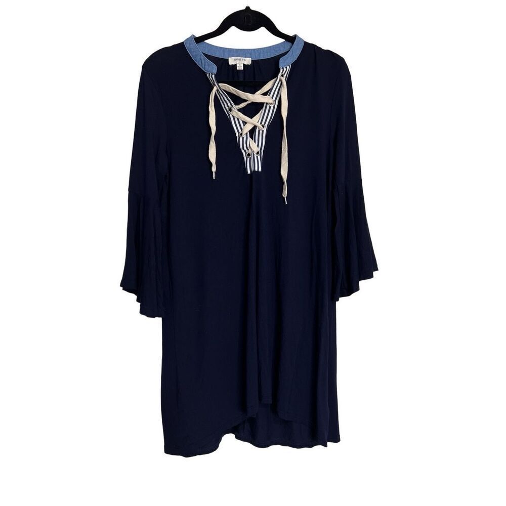 Umgee Top Womens Size Small Navy-Blue Cotton Blend Lace-Up Blouse Boho‎ Casual